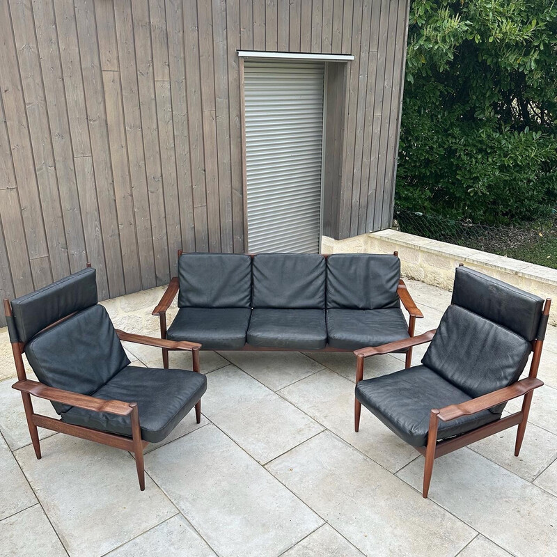 Vintage afromosia and black faux leather living room set, 1960