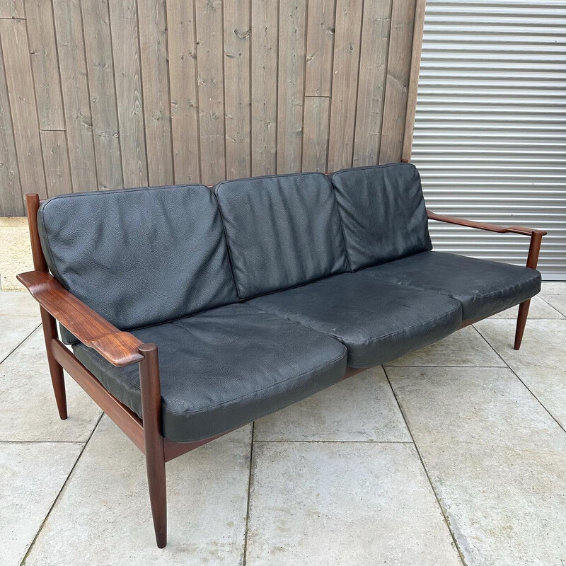 Vintage afromosia and black faux leather living room set, 1960