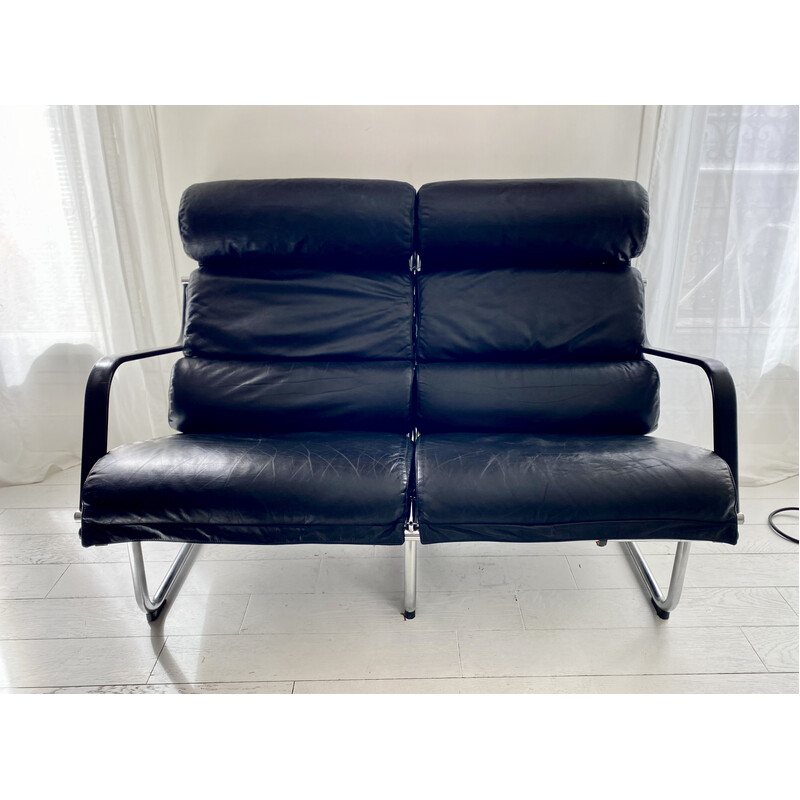 Vintage 2-Sitzer-Sofa "Remmi" aus verchromtem Metall und schwarzem Leder von Yrjö Kukkapuro für Haimi, Finnland 1970