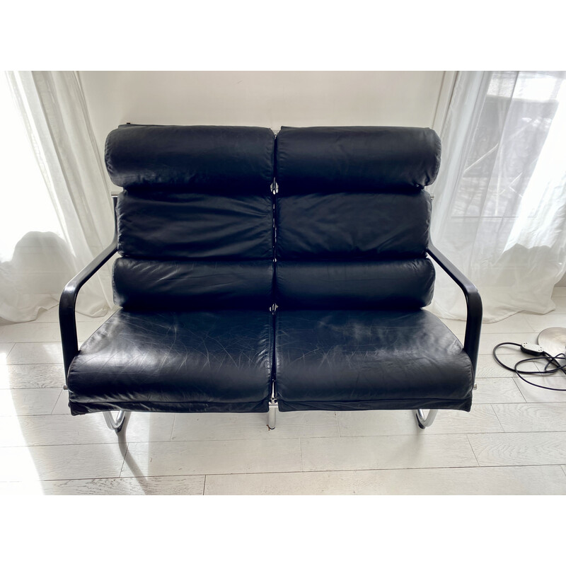 Vintage 2-Sitzer-Sofa "Remmi" aus verchromtem Metall und schwarzem Leder von Yrjö Kukkapuro für Haimi, Finnland 1970