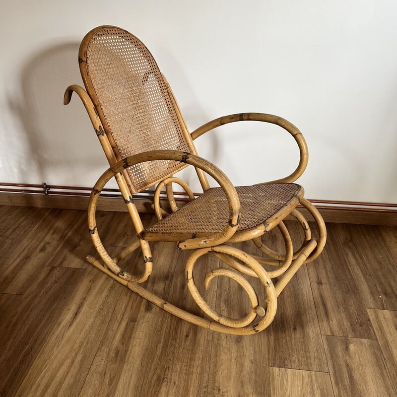 Rocking-chair vintage en rotin et bambou, 1960