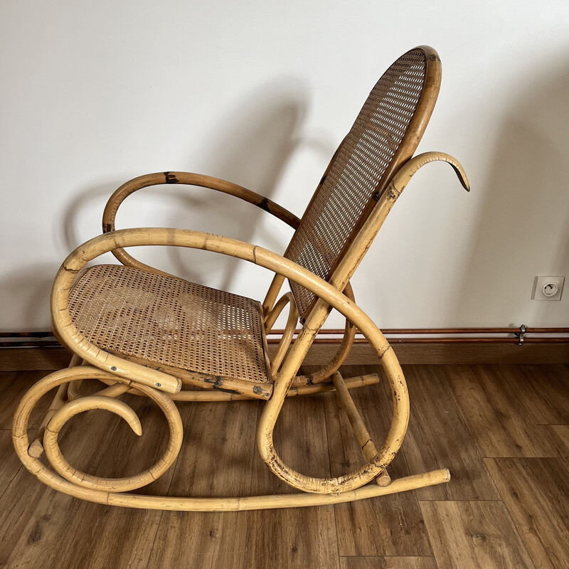 Cadeira de baloiço vintage de vime e bambu, 1960