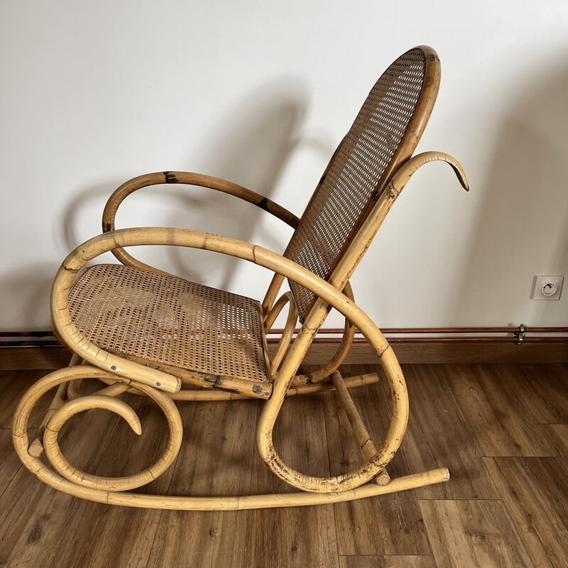 Vintage rotan en bamboe schommelstoel, 1960