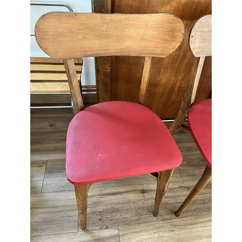 Set of 4 vintage chairs in wood and red vinyl