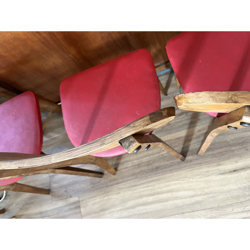 Set aus 4 Vintage-Stühlen aus Holz und rotem Vinyl