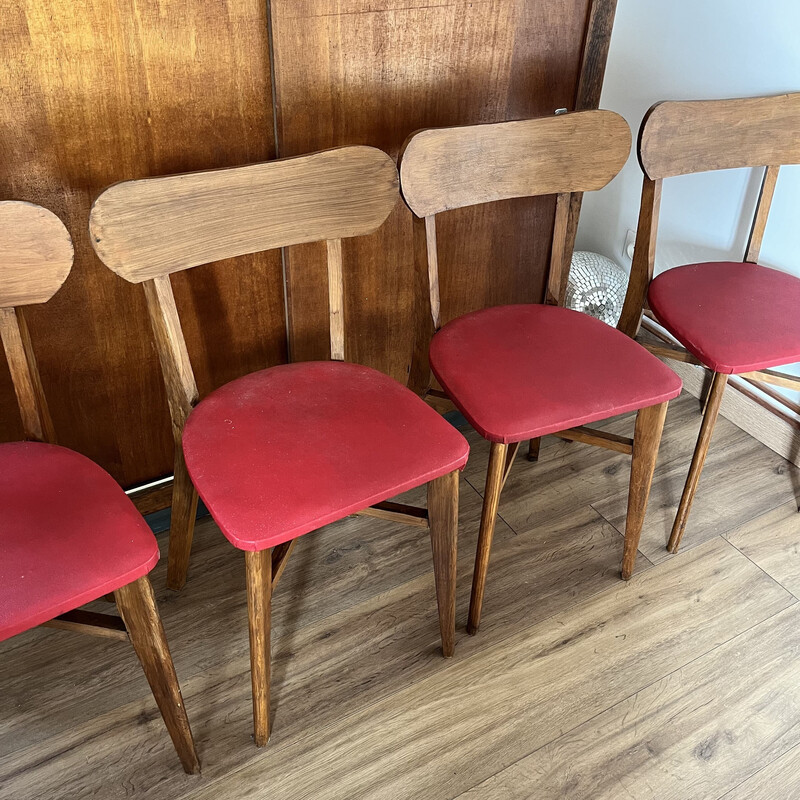 Set of 4 vintage chairs in wood and red vinyl
