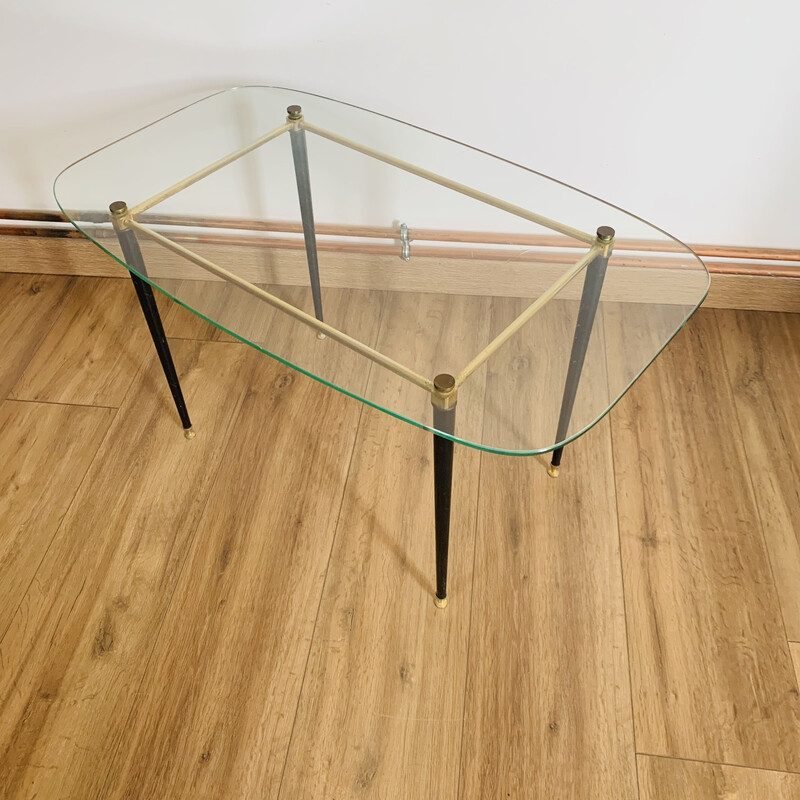 Table basse vintage en verre et laiton, 1960