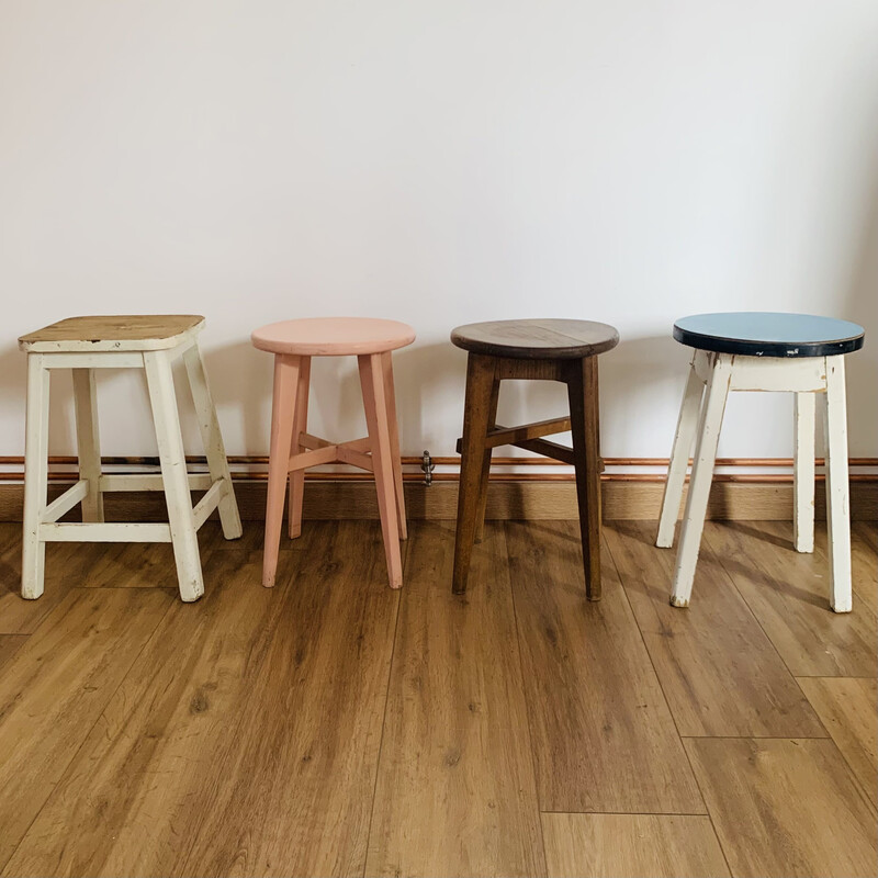 Set of 4 vintage stools in wood and formica