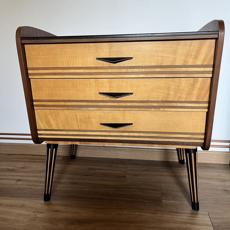 Vintage chest of drawers with 3 drawers in red velvet, 1960