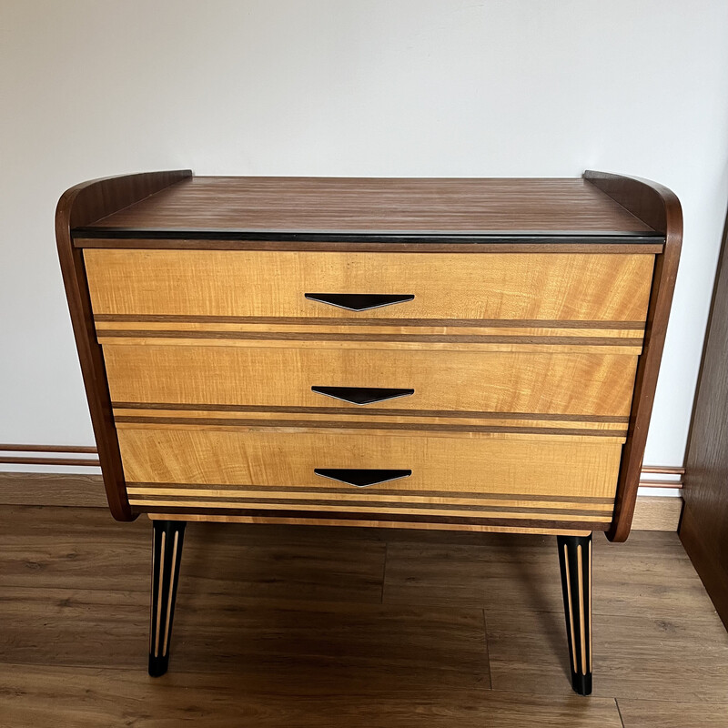 Vintage chest of drawers with 3 drawers in red velvet, 1960