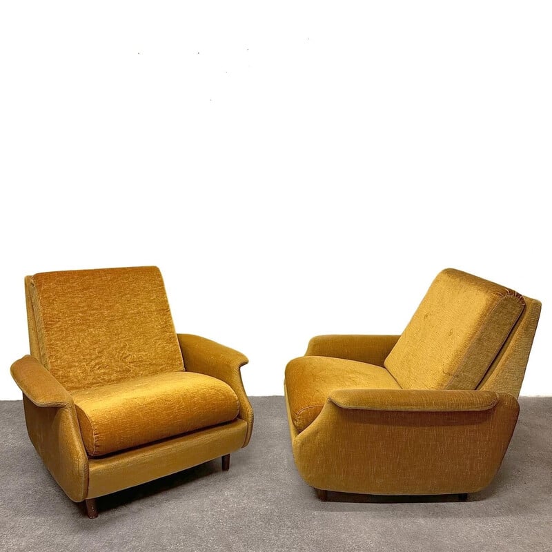 Pair of vintage "Concordia" armchairs in wood and yellow velvet for Zol, France 1960