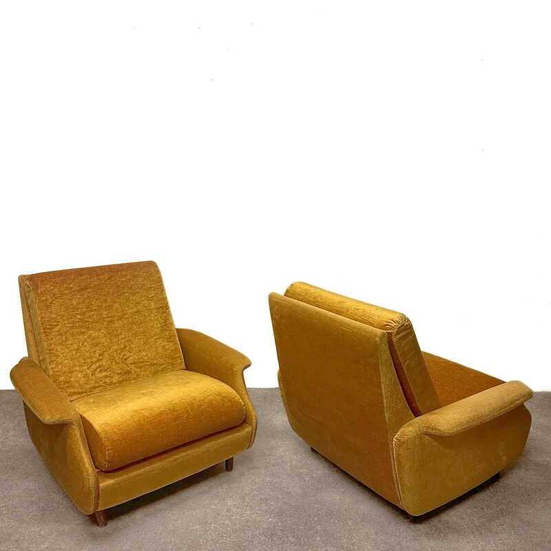 Pair of vintage "Concordia" armchairs in wood and yellow velvet for Zol, France 1960