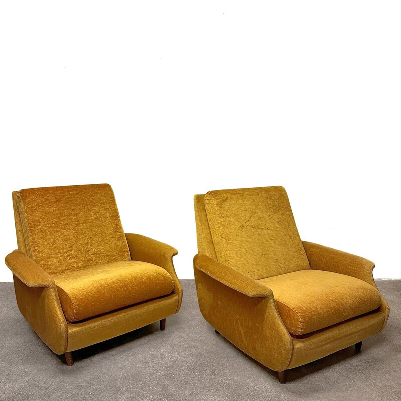 Pair of vintage "Concordia" armchairs in wood and yellow velvet for Zol, France 1960