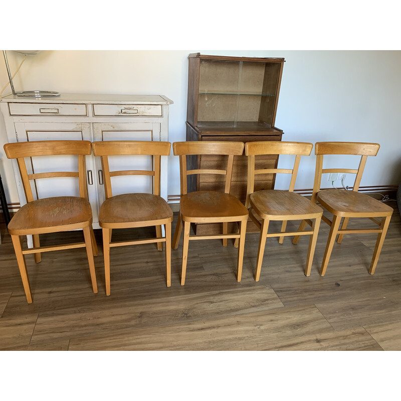 Set of 5 vintage bistro chairs in blond beech for Thonet, Czechoslovakia 1970