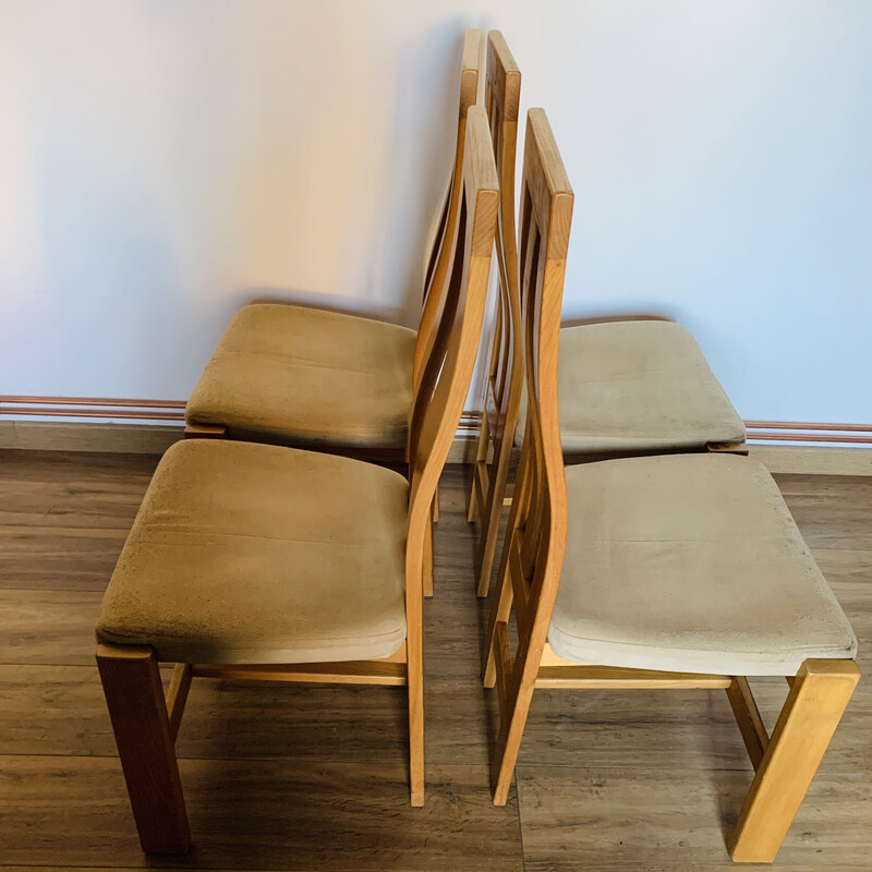 Set of 4 vintage chairs in solid elm and alcantara for Regain, 1980
