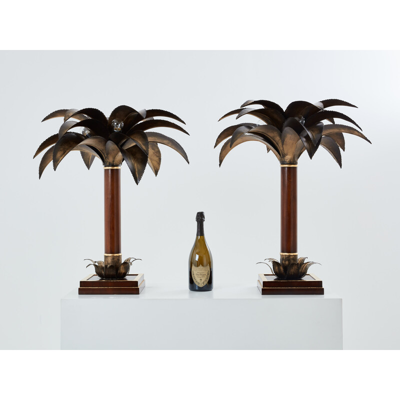 Paar vintage palmboom lampen in mahonie en brons voor Maison Jansen, 1960