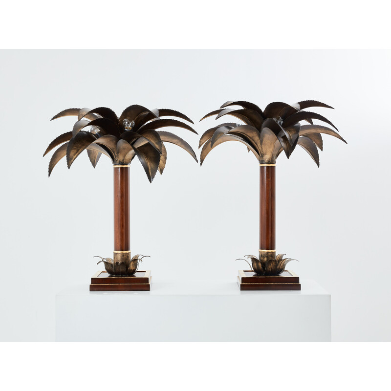 Pair of vintage mahogany and bronze palm tree lamps for Maison Jansen, 1960