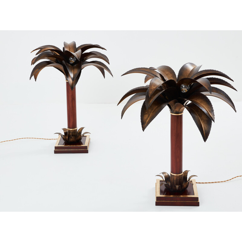 Pair of vintage mahogany and bronze palm tree lamps for Maison Jansen, 1960