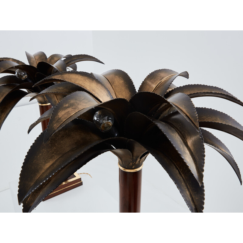 Pair of vintage mahogany and bronze palm tree lamps for Maison Jansen, 1960