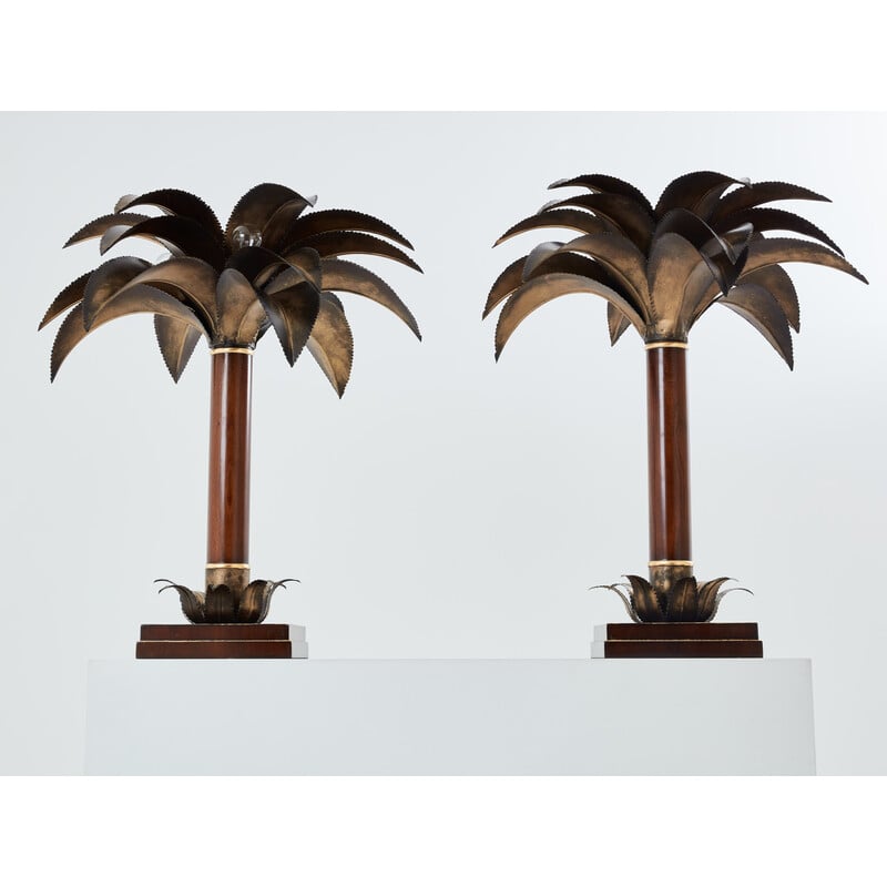 Paar vintage palmboom lampen in mahonie en brons voor Maison Jansen, 1960
