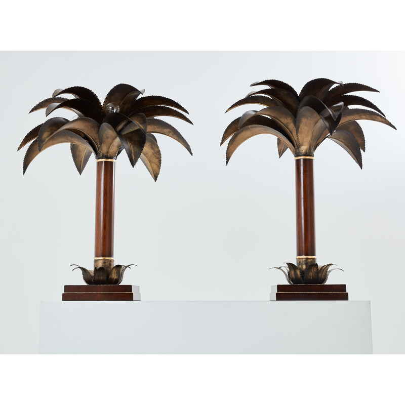Pair of vintage mahogany and bronze palm tree lamps for Maison Jansen, 1960
