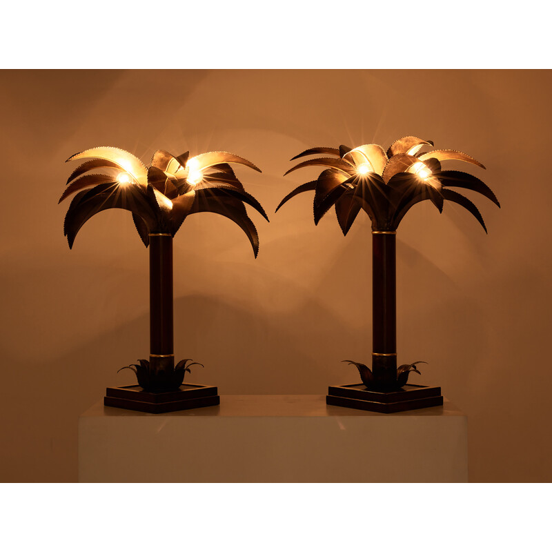 Pair of vintage mahogany and bronze palm tree lamps for Maison Jansen, 1960