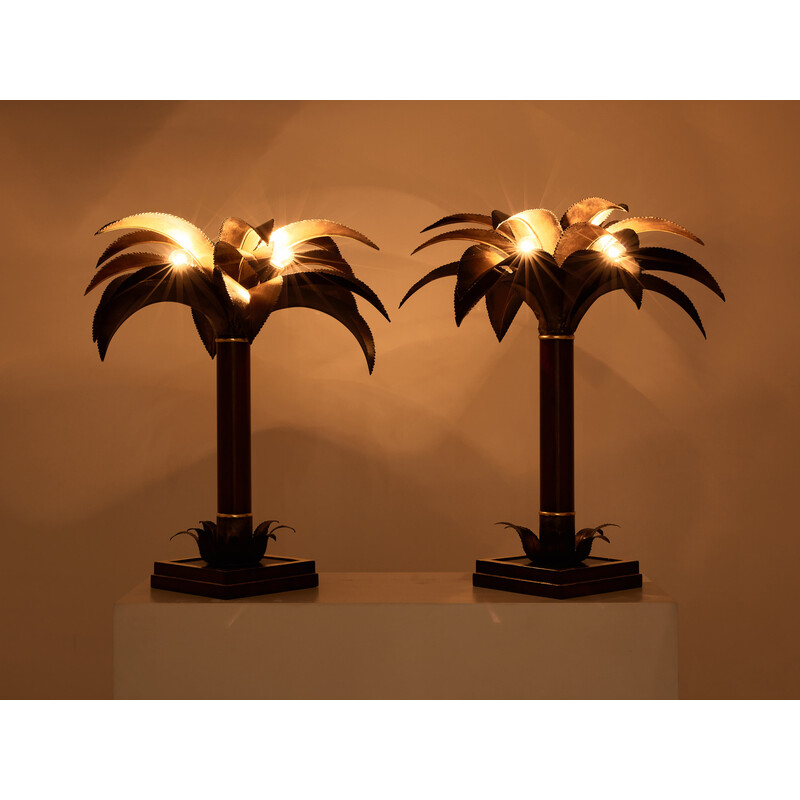 Paire de lampes vintage palmier en acajou et bronze pour Maison Jansen, 1960