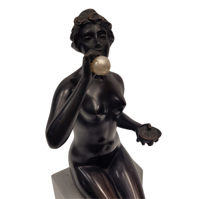 Vintage Art Nouveau sculpture "Woman blowing bubbles" in bronze and marble, 1920