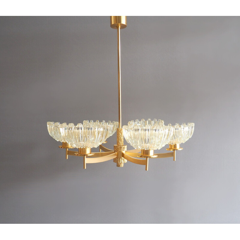 Mid-Century Six-Armed Gold-Plated Chandelier - 1950s