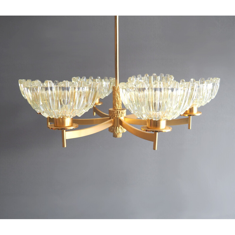 Mid-Century Six-Armed Gold-Plated Chandelier - 1950s