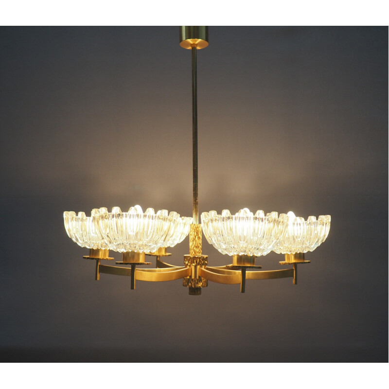 Mid-Century Six-Armed Gold-Plated Chandelier - 1950s