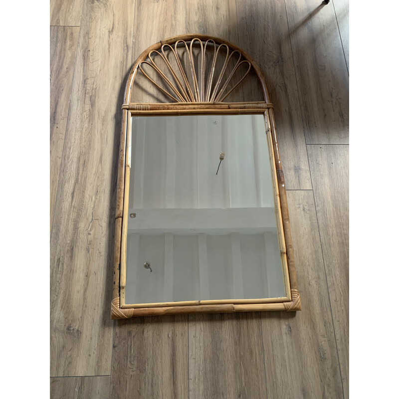 Specchio rettangolare vintage con cornice in rattan