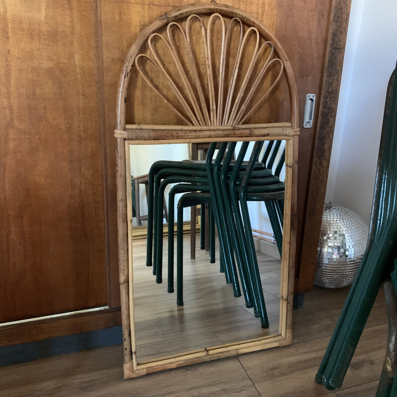 Specchio rettangolare vintage con cornice in rattan