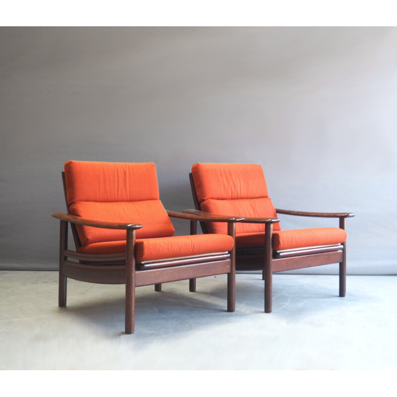 Paire de fauteuils lounge danois orange en palissandre - 1960