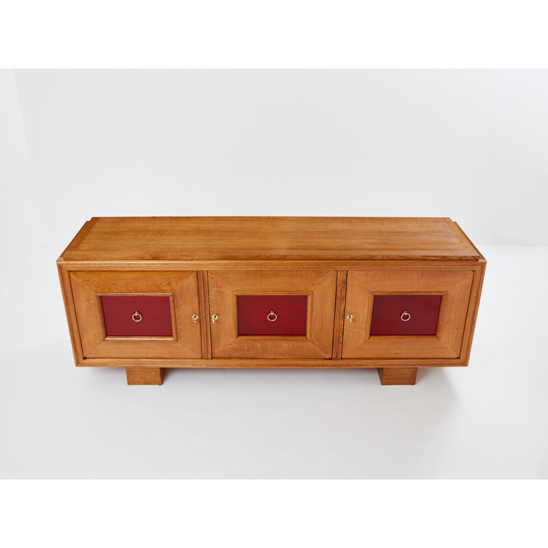 Vintage sideboard in Chinese lacquered oak and brass by Jacques Adnet, 1940