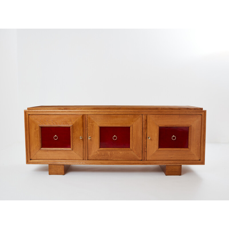 Vintage sideboard in Chinese lacquered oak and brass by Jacques Adnet, 1940