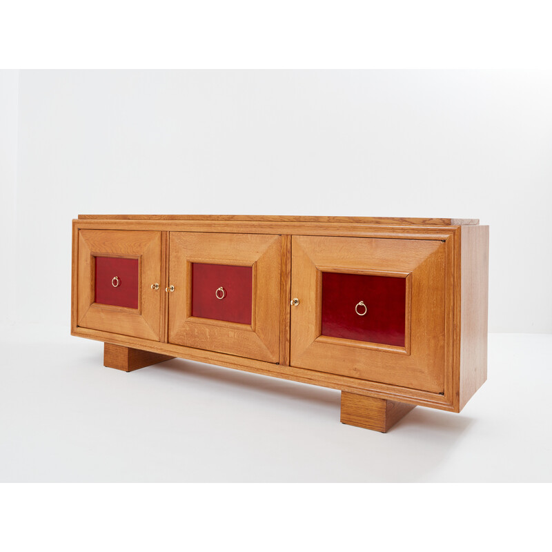 Vintage sideboard in Chinese lacquered oak and brass by Jacques Adnet, 1940