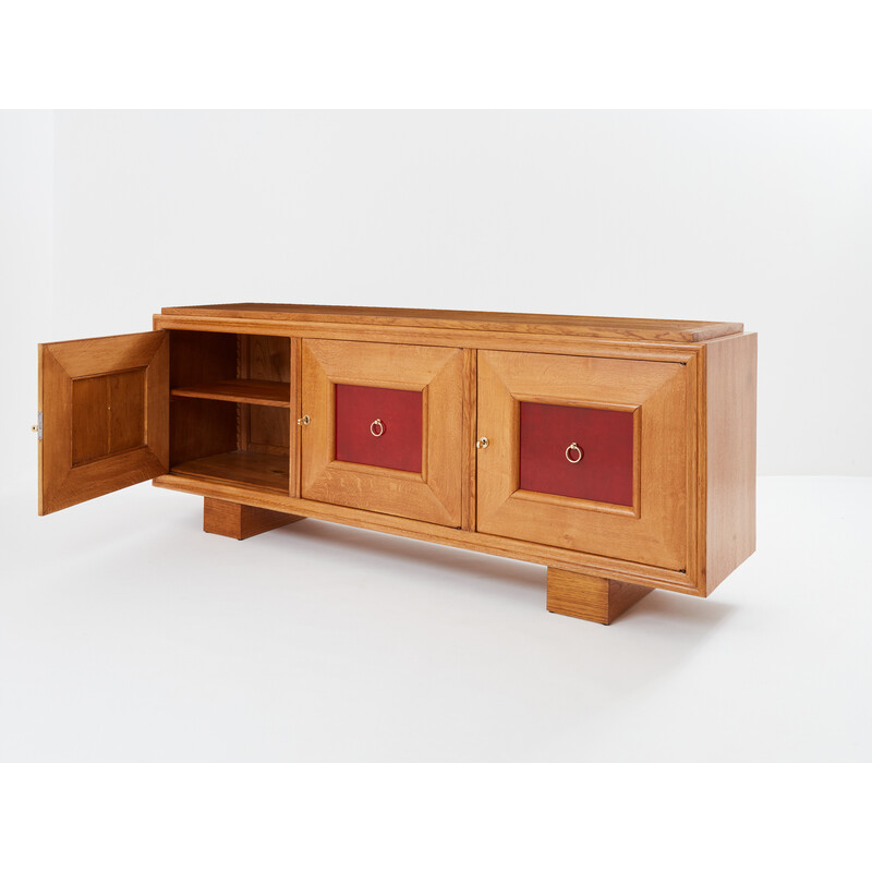 Vintage sideboard in Chinese lacquered oak and brass by Jacques Adnet, 1940