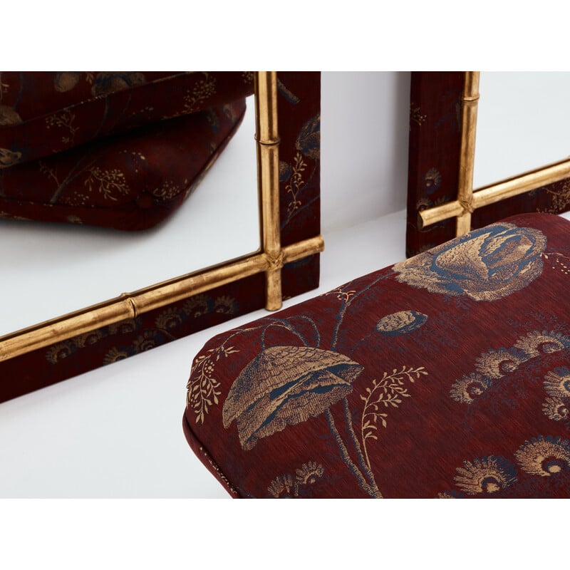 Coppia di specchi d'epoca in legno dorato e seta, 1870