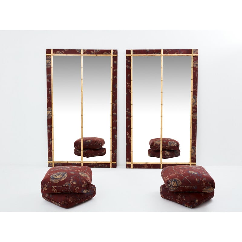 Paire de miroirs vintage en bois doré façon bambou et soierie, 1870