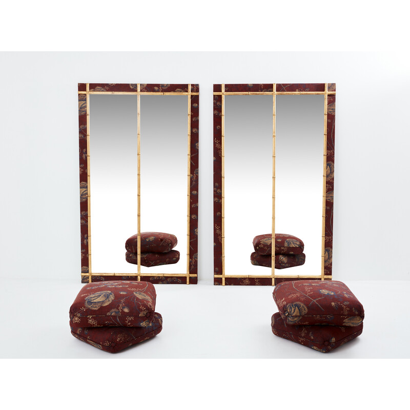 Pareja de espejos antiguos de madera dorada y seda, 1870