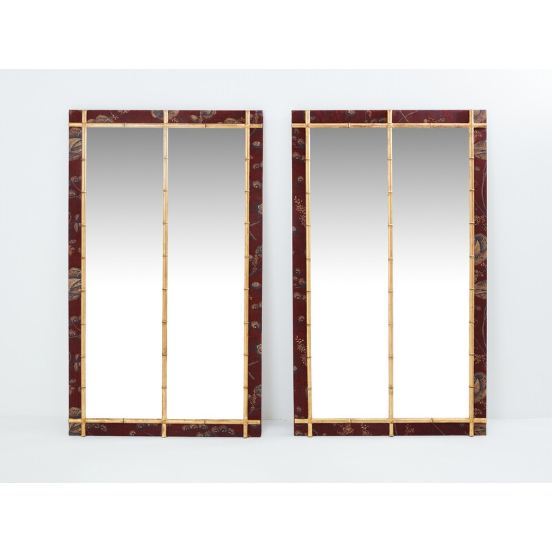 Pair of vintage gilded wood mirrors in bamboo and silk style, 1870