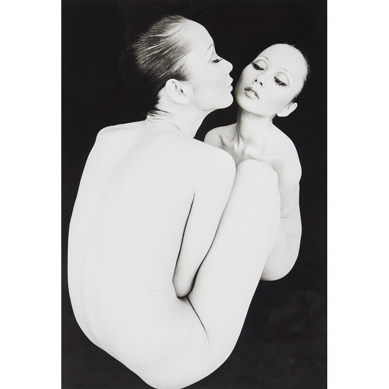 Vintage black and white photograph of two women seated facing each other by Kishin Shinoyama, 1969