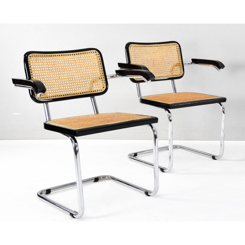 Pair of vintage Cesca B64 chairs in black lacquered beech wood and chrome steel by Breuer, Italy 1970