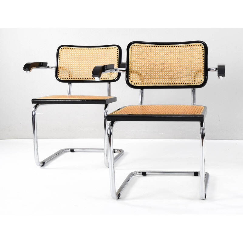 Pair of vintage Cesca B64 chairs in black lacquered beech wood and chrome steel by Breuer, Italy 1970