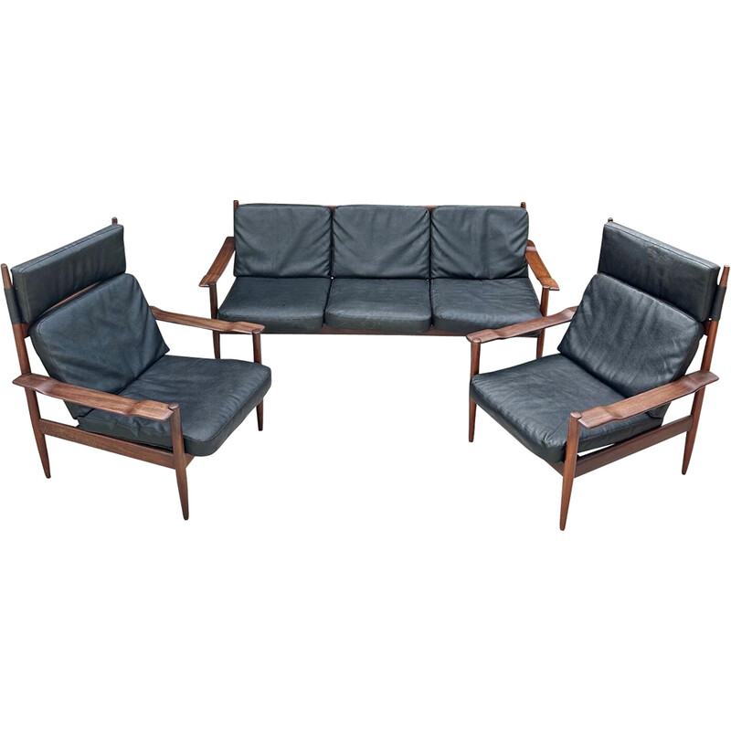 Vintage afromosia and black faux leather living room set, 1960