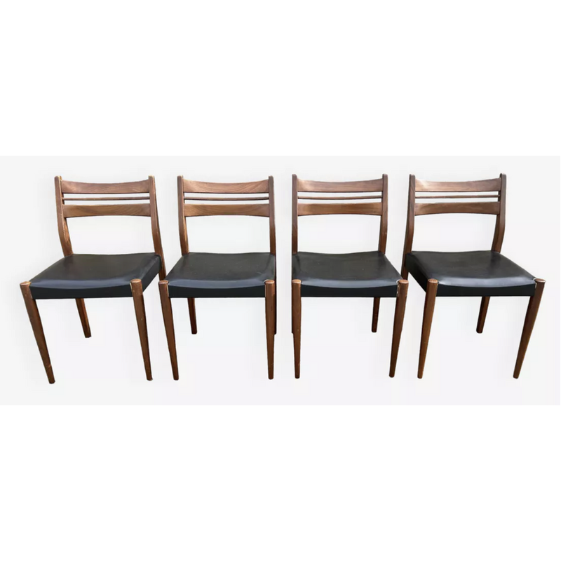 Set of 4 vintage chairs in teak and black skai