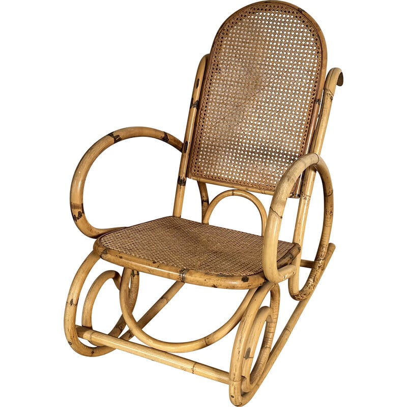 Rocking-chair vintage en rotin et bambou, 1960