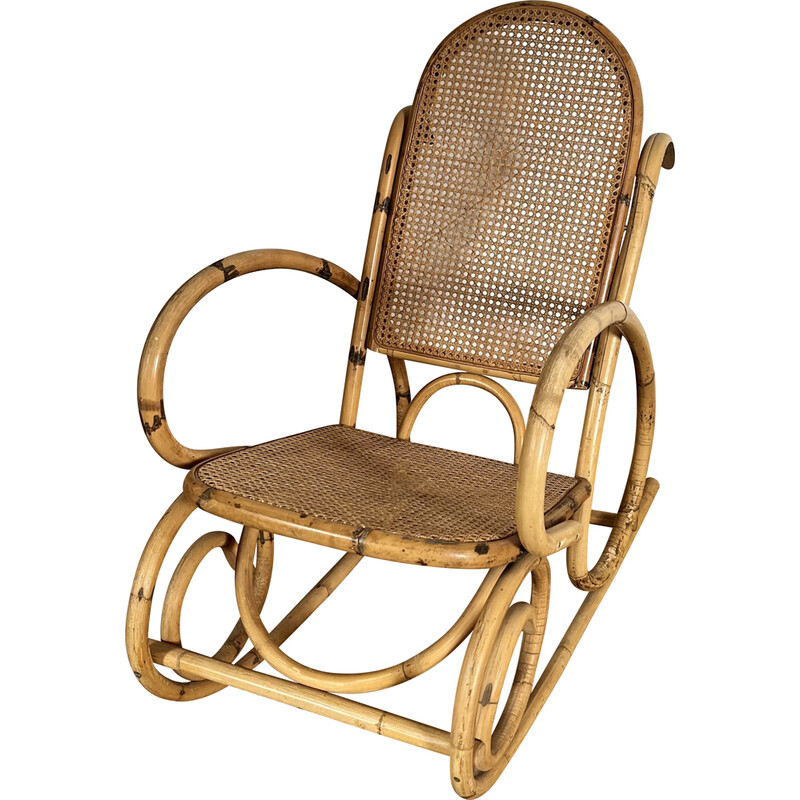 Vintage rotan en bamboe schommelstoel, 1960