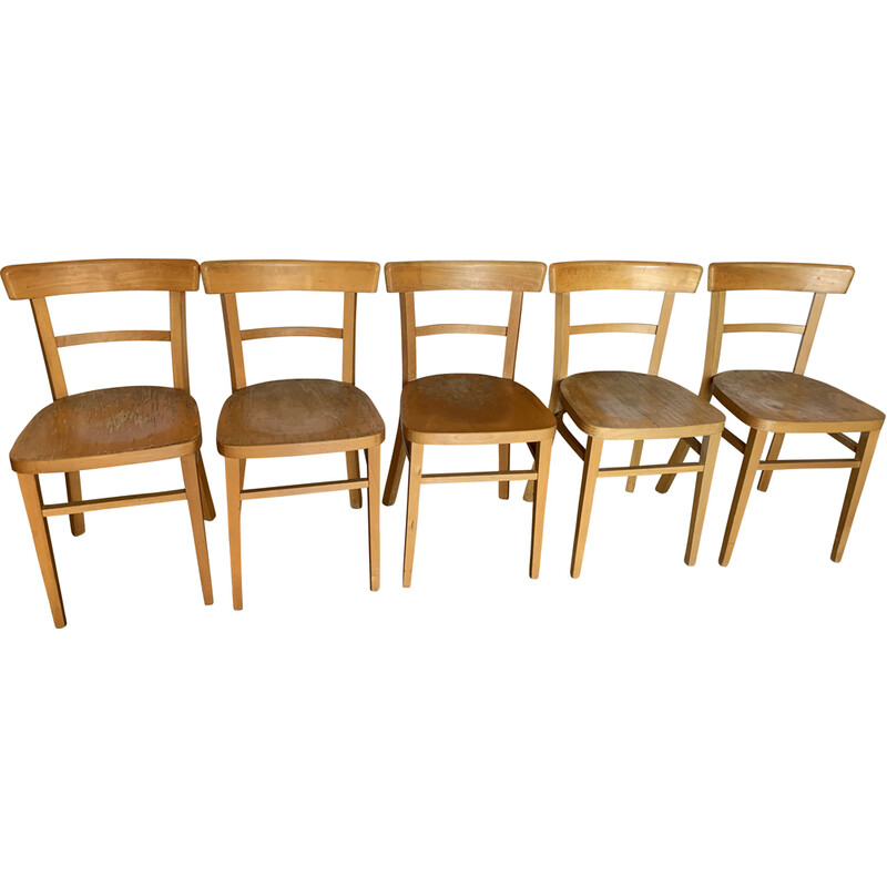 Set of 5 vintage bistro chairs in blond beech for Thonet, Czechoslovakia 1970